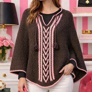 Kate Spade 100% Wool Poncho Vintage Cable Knit Brown & Pink with Tassels